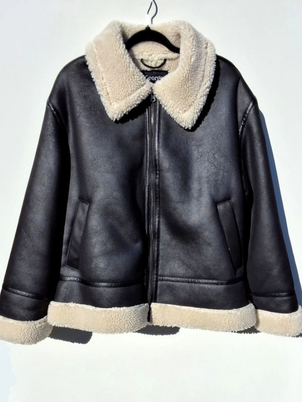 George Faux Leather Shearling Aviator Jacket - Black/Cream (Size XL)